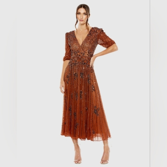 Mac Duggal Copper Sequin Midi Dress - Picture 1 of 9